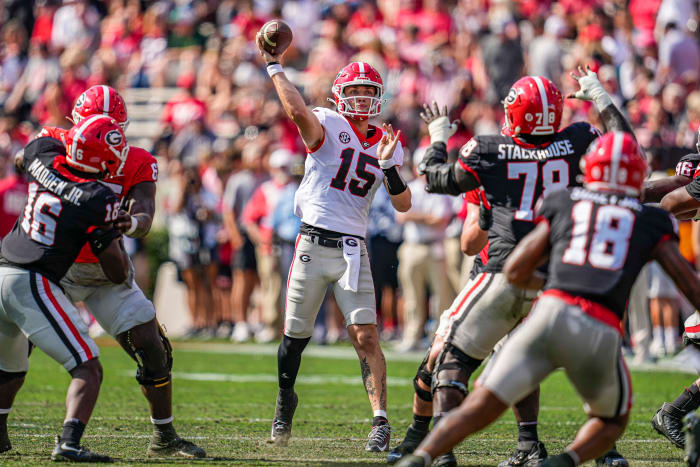 Carson Beck throws a completion during G-Day / Credit: Tony Walsh/UGAA